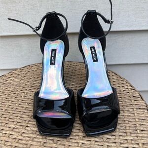 Nine West Black Patent Platform Wedge Sandals with Holographic Insole